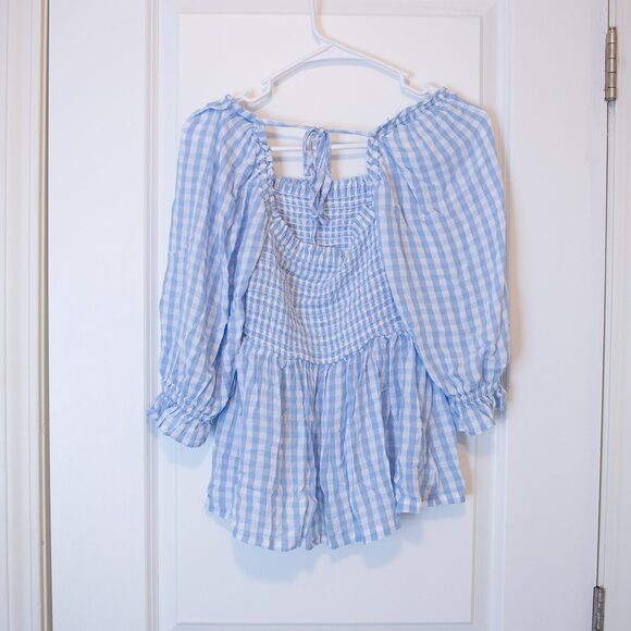 S Crown & Ivy Gingham Kawaii Peasant Smock Blouse Cute Baby Blue Ruffle Cottage - Picture 2 of 6